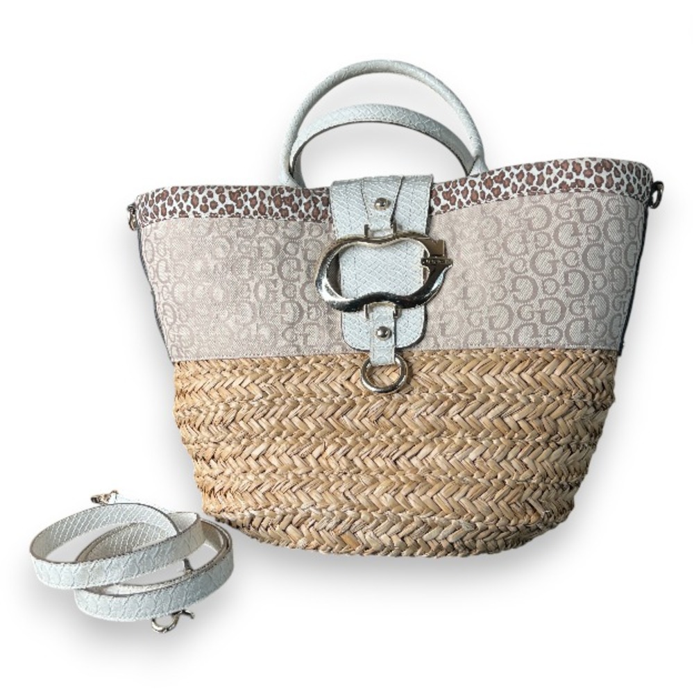 Guess Straw Tote Bag Canvas G Logo Leopard Trim Buckle Beach Travel‎ Y2K Boho